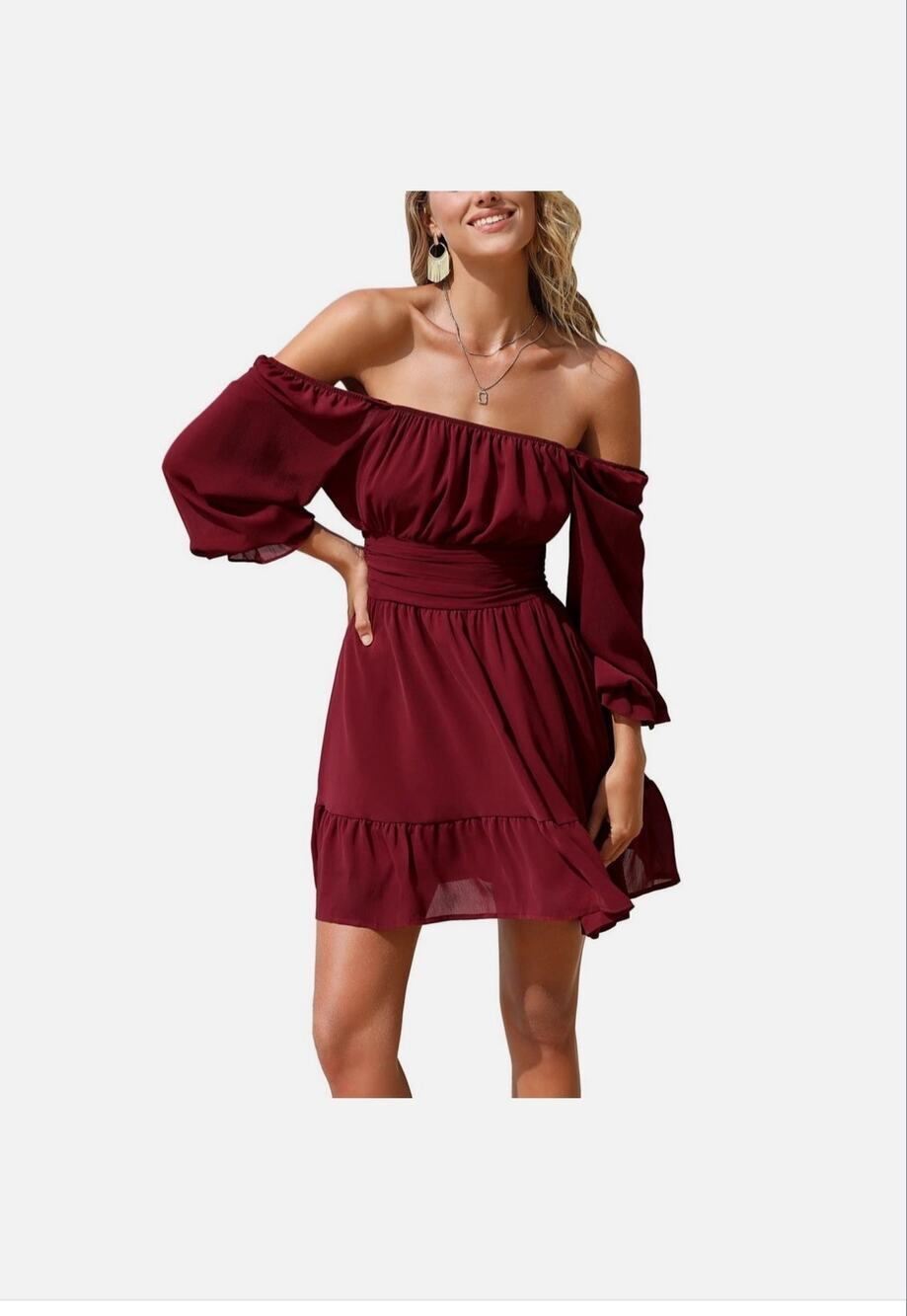 EXLURA Womens Tie Back Long Lantern Sleeve Square Neck Ruffle Dress Wine Red